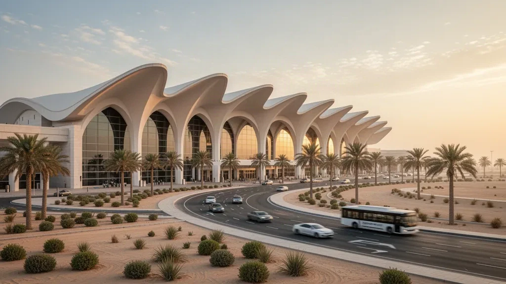 Dammam'daki Kral Fahd Uluslararası Havalimanı'nda altın saatlerde modern beyaz terminal mimarisi ve palmiye ağaçlarıyla çevrili giriş yolu