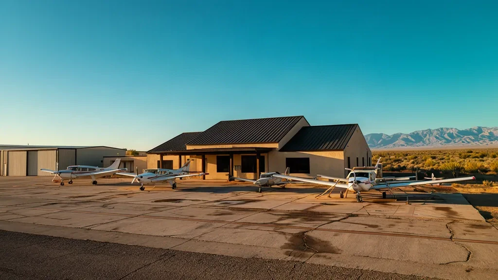Piccoli aerei a elica sul piazzale davanti al modesto terminal dell'aeroporto municipale di Deming nel New Mexico