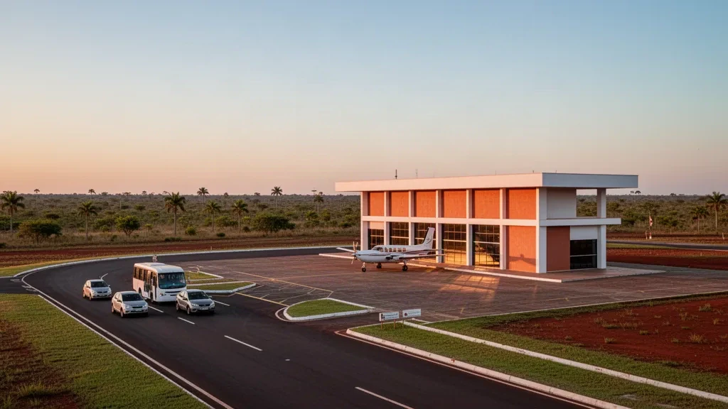 Pequeña terminal de aeropuerto regional en Diamantino, Mato Grosso, Brasil, con plataforma, calle de rodaje y paisaje del Cerrado a la hora dorada