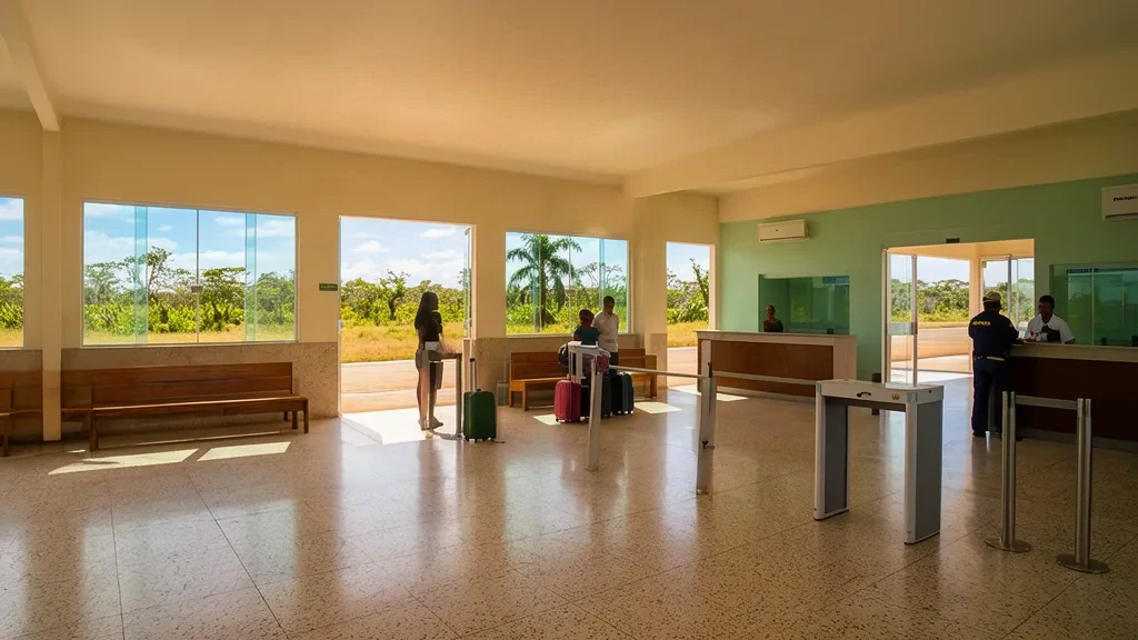Vista interior de la terminal del Aeropuerto de Diamantino DMT en Brasil, que muestra una modesta sala de salidas con zona de facturación, asientos y luz natural.