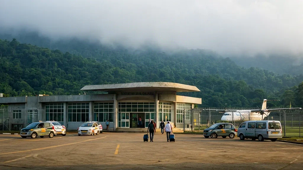 Terminal building and forecourt of Dimapur Airport DMU in Nagaland, India, with travellers and forested hills in soft afternoon light