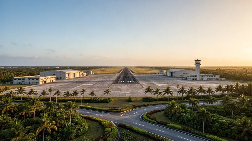 Campo de aviación tropical en la Base Aérea de Kadena, en Okinawa, con pista, hangares y palmeras a la hora dorada