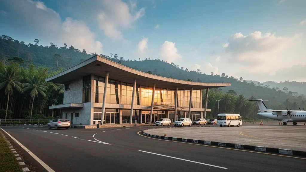Extérieur moderne du terminal vitré de l'aéroport de Dimapur au Nagaland, en Inde, avec route d'accès et voie de dépose à l'heure dorée
