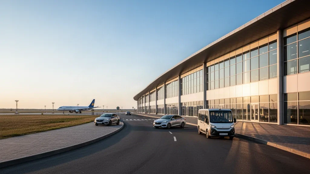 Terminal moderna de cristal y carriles de acceso en el Aeropuerto Internacional de Dnipró, Ucrania, durante la cálida luz de la hora dorada