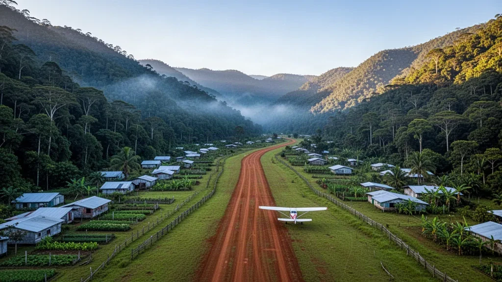 Abgelegene Graspiste am Flughafen Dinangat in der Provinz Morobe, Papua-Neuguinea, umgeben von nebligen Regenwaldbergen bei Sonnenaufgang