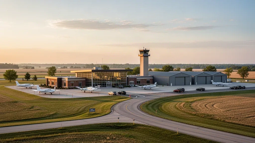 Terminal moderno a un piano e torre di controllo presso Vermilion Regional Airport in Illinois, con aerei leggeri parcheggiati sul piazzale all'ora d'oro