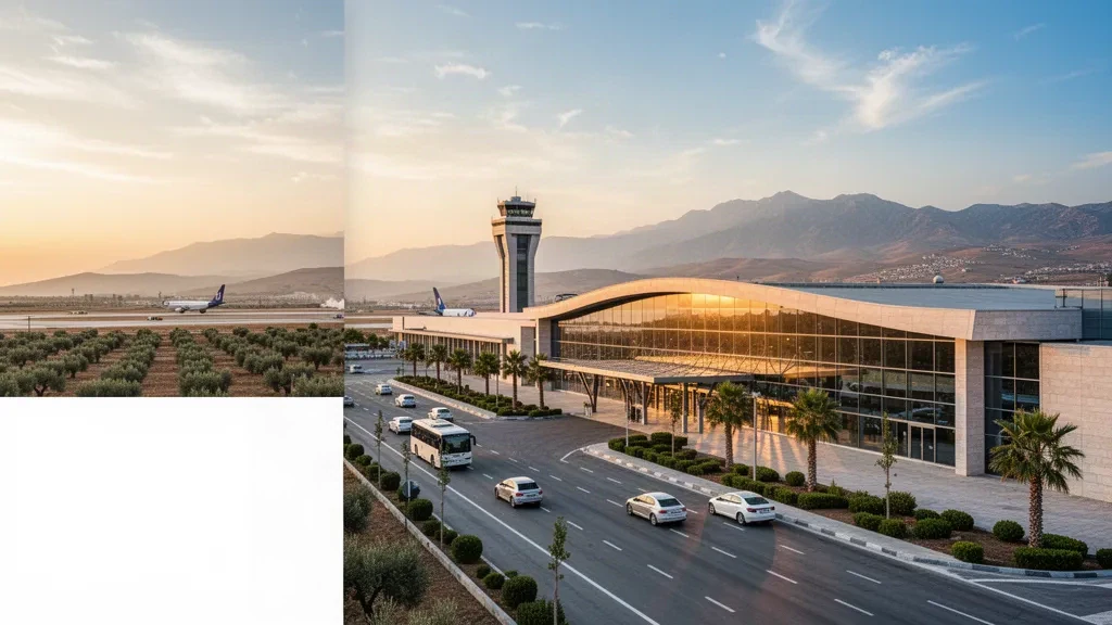 Esterno moderno del terminal in vetro e corsie di sosta all'aeroporto di Çardak vicino a Denizli, Turchia, con colline sullo sfondo durante l'ora d'oro