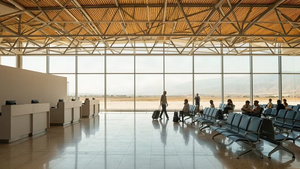Interno luminoso del terminal DNZ dell'aeroporto di Çardak a Denizli, Turchia, con banchi check-in e viaggiatori in attesa nella sala partenze