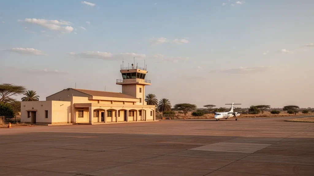 Ampia veduta dell'Aeroporto di Galegu in Sudan durante l'ora dorata, con un terminal basso, la torre di controllo, palme e un piccolo aereo sul piazzale illuminato dal sole.