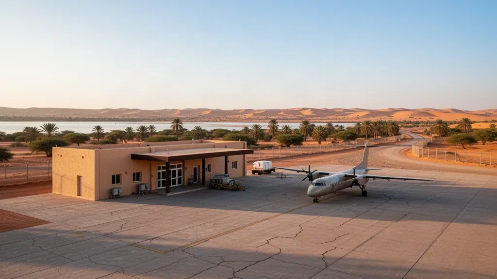 Kleines Wüstenterminal und sonnenbeschienenes Vorfeld am Flughafen Dongola im nordsudanischen Bundesstaat Nordstaat, mit nubischen Dünen und Palmen dahinter