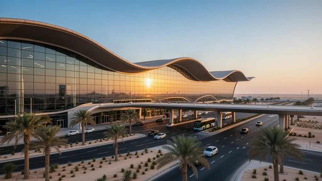 Moderne geschwungene Glasfassade des Terminals und Vorfahrtsbereiche am Hamad International Airport in Doha im goldenen Licht.