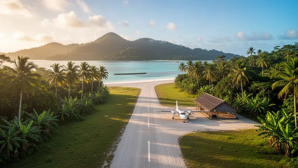 Kleine tropische Inselflugpiste auf Doini Island, Papua-Neuguinea, mit palmengesäumter Start- und Landebahn und türkisfarbener Lagune dahinter