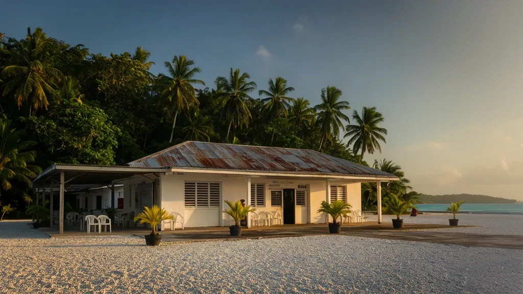 Petit terminal tropical et aire de stationnement en gravier corallien à l'aéroport de Doini, sur une île luxuriante couverte de palmiers dans la province de Milne Bay, en Papouasie-Nouvelle-Guinée