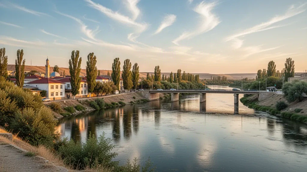 Vista durante la hora dorada de Zardab, Azerbaiyán, con el río Kura, edificios ribereños y un puente bajo una luz cálida.