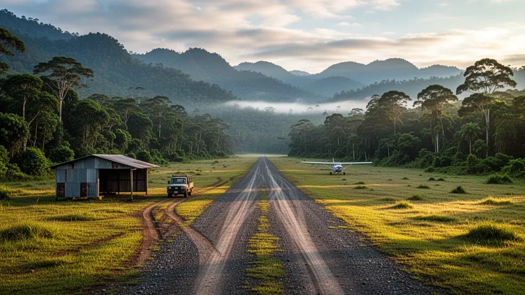Abgelegene Graspiste am Flughafen Dorobisoro in Papua-Neuguinea, umrahmt von dichtem Regenwald und nebligen Bergkämmen im Morgengrauen