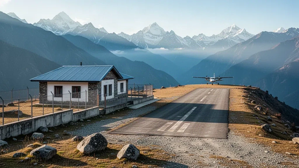 Pequeña terminal aeroportuaria de gran altitud y corta pista de grava en Juphal, en Dolpa, Nepal, enmarcada por picos nevados del Himalaya bajo una clara luz matutina.