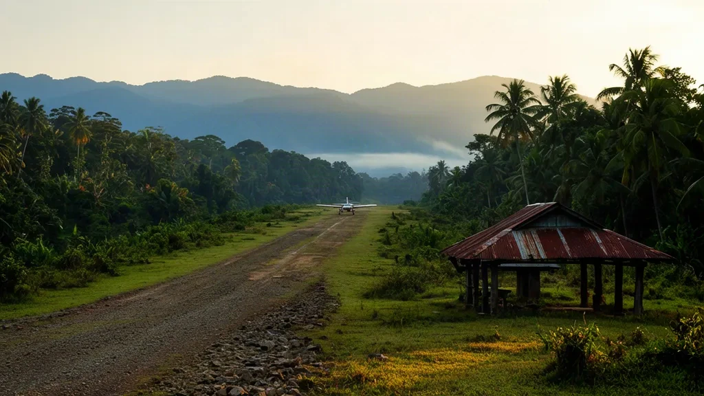 Pista di atterraggio tropicale remota in Papua Nuova Guinea con una pista sterrata, un piccolo aereo leggero e creste montuose boscose all'aeroporto di Dorobisoro.