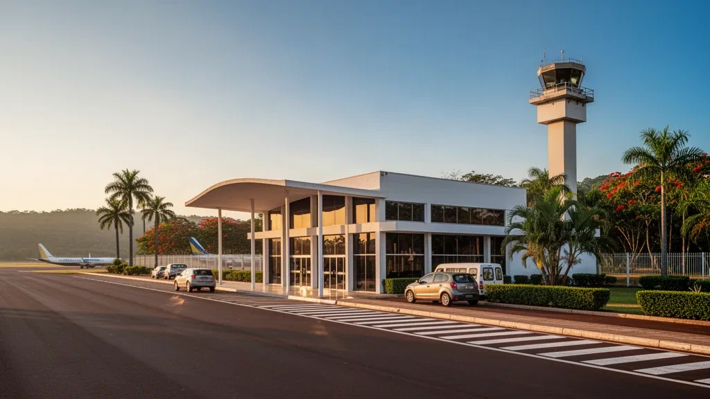 Modernes Glas-Terminal und Bring-Spuren am Flughafen Dourados in Brasilien im warmen Licht der goldenen Stunde mit Palmen in der Nähe.