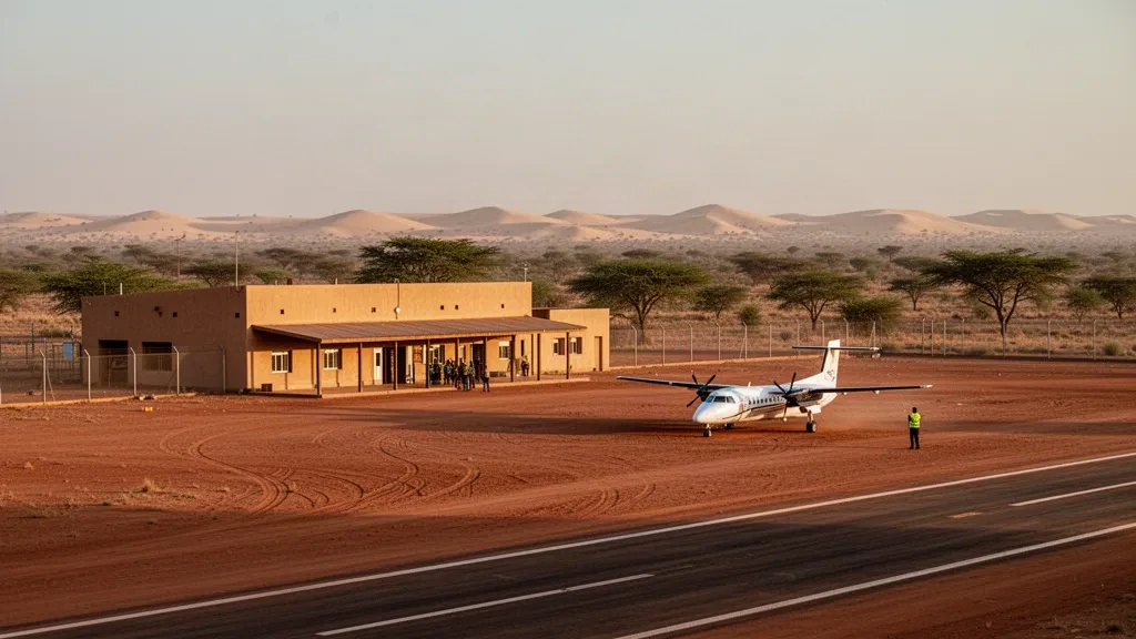 Burkina Faso'nun Sahel bölgesindeki Dori Havaalanı'nda altın saatlerde alçak, kum rengi terminal ve park etmiş bir turboprop uçağın bulunduğu tozlu apron