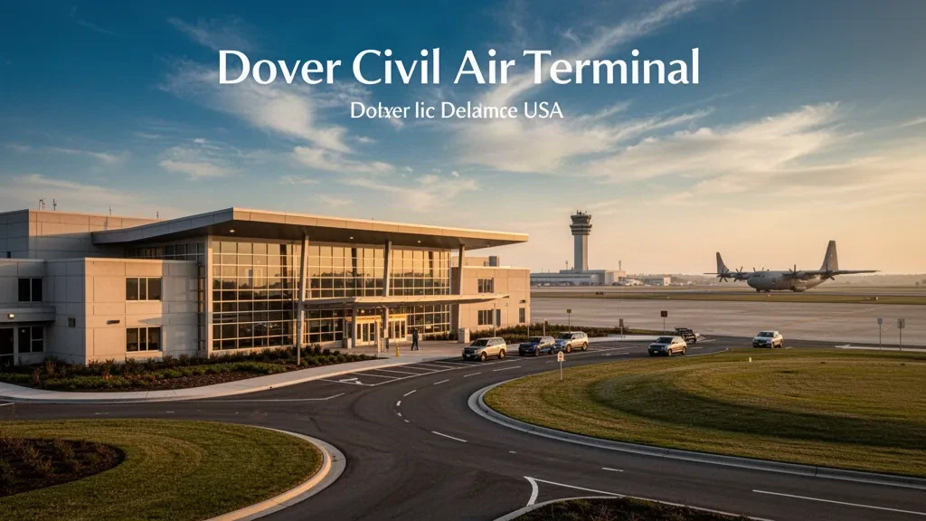 Modern glass exterior of Dover Civil Air Terminal at golden hour, with drop-off lanes, open apron and wide Delaware sky above the tarmac
