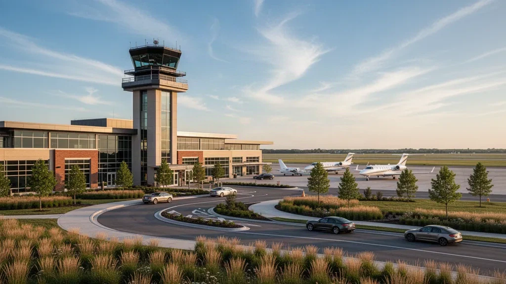 Modern glass terminal and control tower at DuPage Airport in West Chicago, Illinois, with private jets on the apron during golden hour.