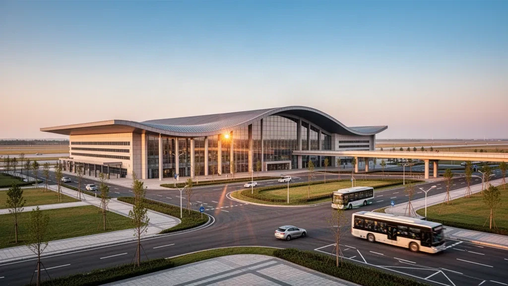 Esterno moderno del terminal in vetro dell'Aeroporto di Dongying Shengli nello Shandong, Cina, durante l'ora d'oro con strade di accesso e corsie di sosta