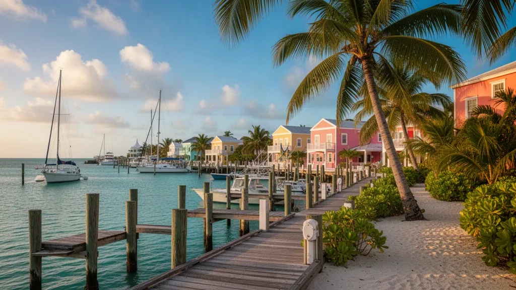 Vista durante la hora dorada de la Marina de Port Lucaya en Freeport, Gran Bahama, con aguas turquesa, edificios bahameños en tonos pastel y muelles bordeados de palmeras