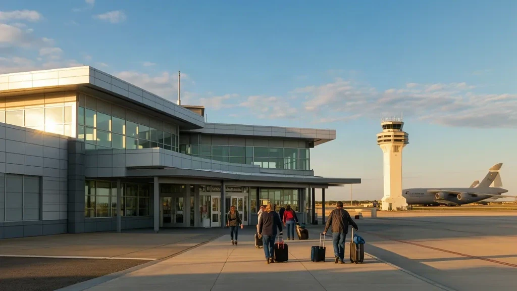 Extérieur du Dover Civil Air Terminal à la Dover Air Force Base, avec un C-5 Galaxy sur le tarmac et la tour de contrôle sous un ciel bleu.