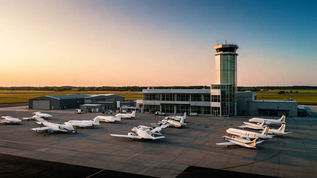 Terminal e torre di controllo di DuPage Airport DPA affacciati su jet aziendali parcheggiati nel piazzale dell'aviazione generale a West Chicago, Illinois