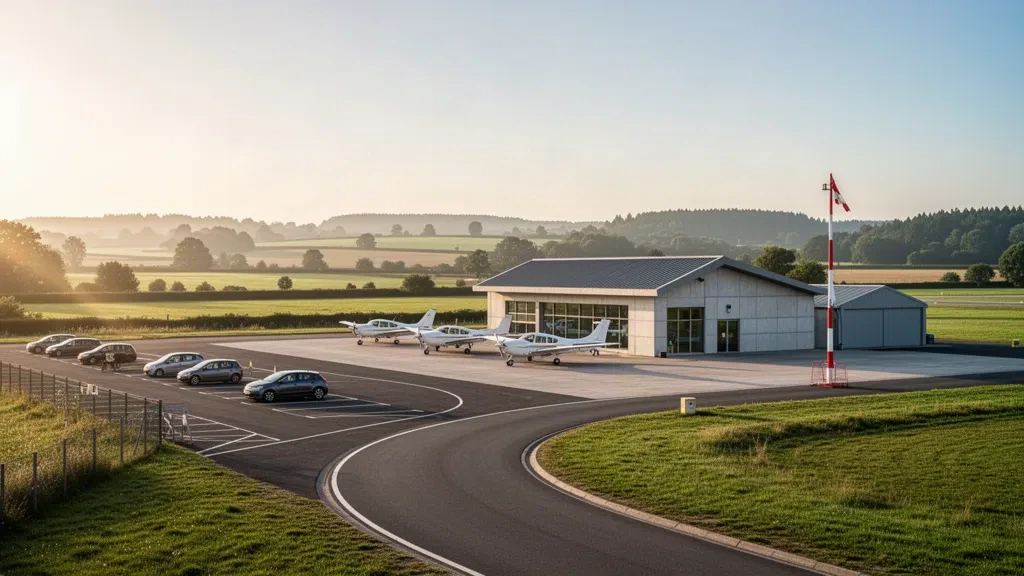 Kleines regionales Terminal, Vorfeld und Leichtflugzeuge am Flughafen Dieppe-Saint-Aubin, umgeben von der Landschaft der Normandie zur goldenen Stunde