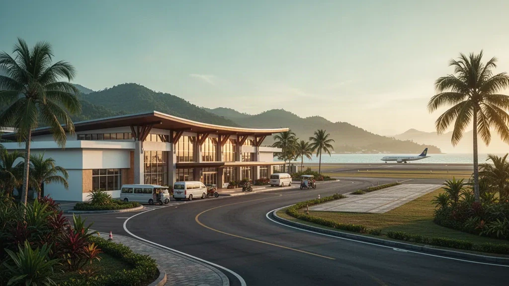 Außenansicht des modernen Terminals des Flughafens Dipolog in Zamboanga del Norte mit Palmen und warmem tropischem Licht zur goldenen Stunde