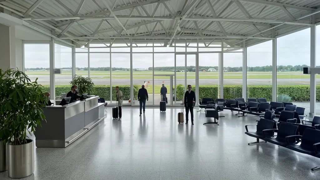 Intérieur du terminal de l'aéroport de Dieppe-Saint-Aubin (DPE) en Normandie, France, avec zone d'enregistrement, sièges d'attente et lumière du jour