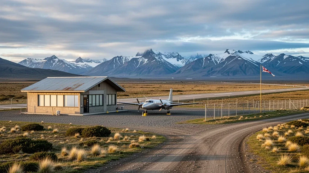 Schotterpiste, kleines Terminal und windige Steppenlandschaft am abgelegenen Flughafen Pampa Guanaco in Tierra del Fuego, Chile.