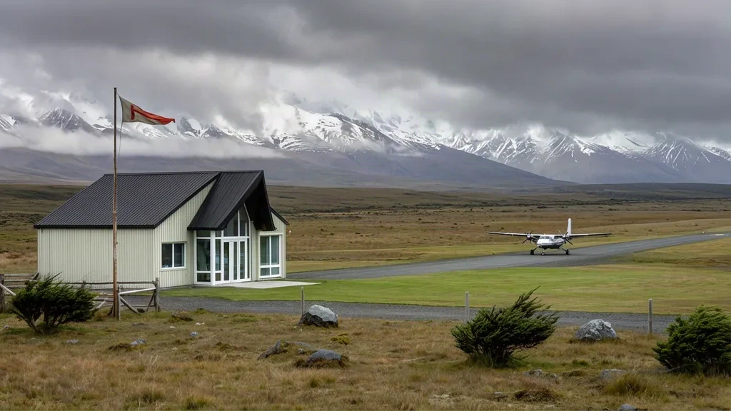 Kleines Terminalgebäude und Schottervorfeld am Flughafen Pampa Guanaco (DPB) im chilenischen Tierra del Fuego, dahinter Patagonische Steppe und schneebedeckte Gipfel.