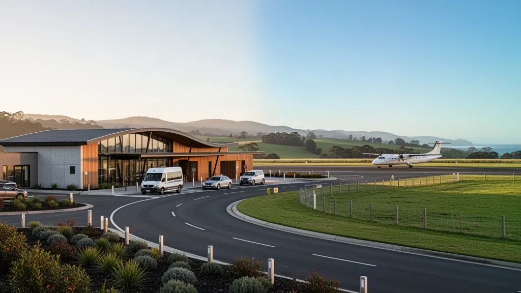 Modernes regionales Flughafenterminal und Bringspur zur goldenen Stunde in Devonport, Tasmanien, mit Ackerland und Küstenhügeln im Hintergrund