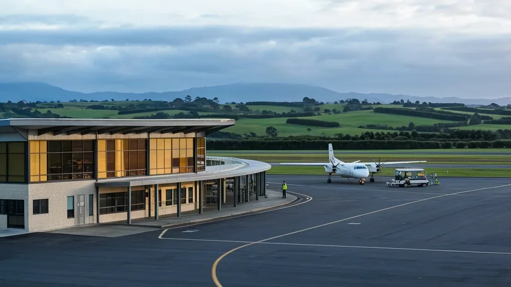 Edificio de terminal regional en el aeropuerto de Devonport, en Tasmania, con una aeronave turbohélice estacionada en la plataforma bajo un cielo nublado