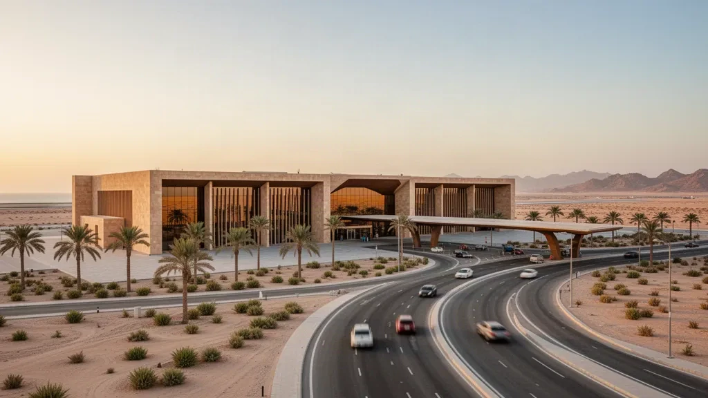 Esterno moderno del terminal in vetro dell'Aeroporto Internazionale di Duqm in Oman, con strade di accesso alberate di palme e costa desertica durante l'ora d'oro