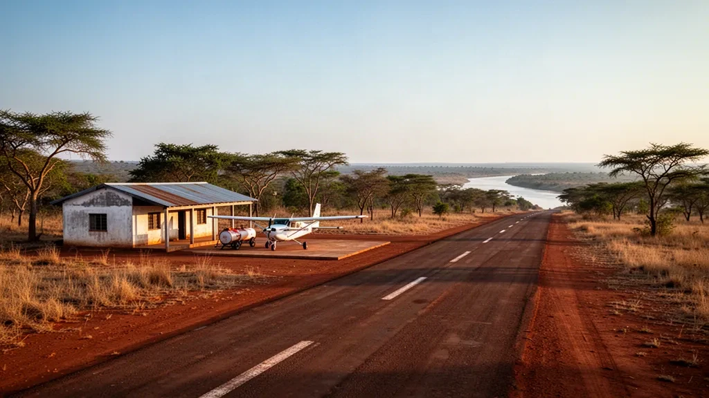Kleiner regionaler Flugplatz in Dirico, Angola, mit sonniger Start- und Landebahn, Leichtflugzeug und trockenem Savannenwald zur goldenen Stunde