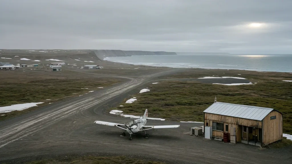 Schotterpiste und ein einmotoriges Buschflugzeug neben einem hölzernen Unterstand am Deering Airport im abgelegenen arktischen Alaska