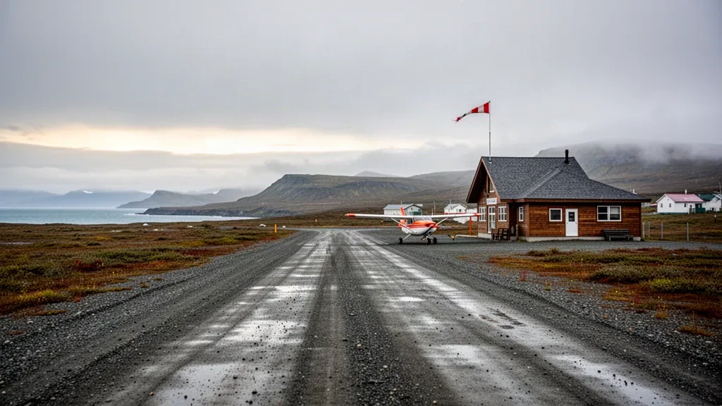 Alaska'nın uzak Deering Havalimanı'nda çakıl pist, küçük bir bush uçağı ve ahşap terminal, kapalı kutup ışığı altında