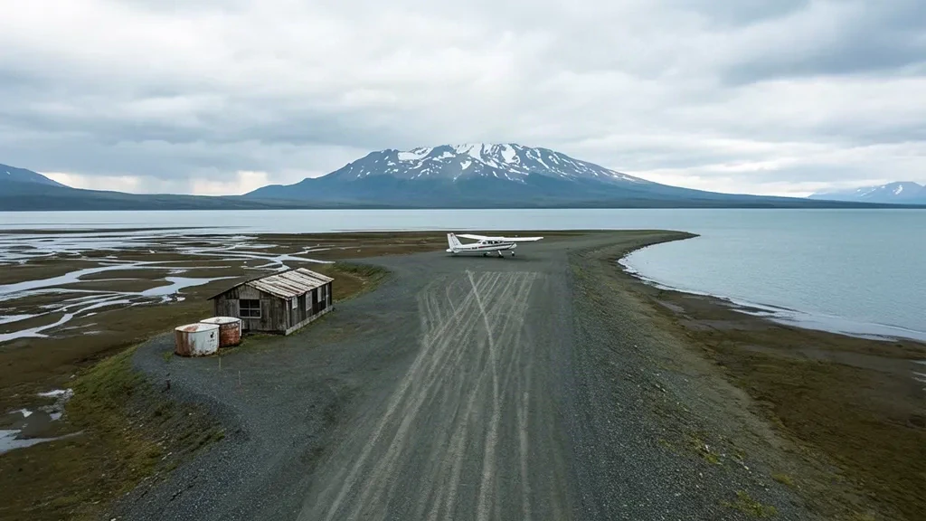 Piste en gravier isolée à l'aéroport de Drift River sur le golfe de Cook en Alaska, avec des vasières, un petit abri, des réservoirs de carburant et un sommet volcanique au loin