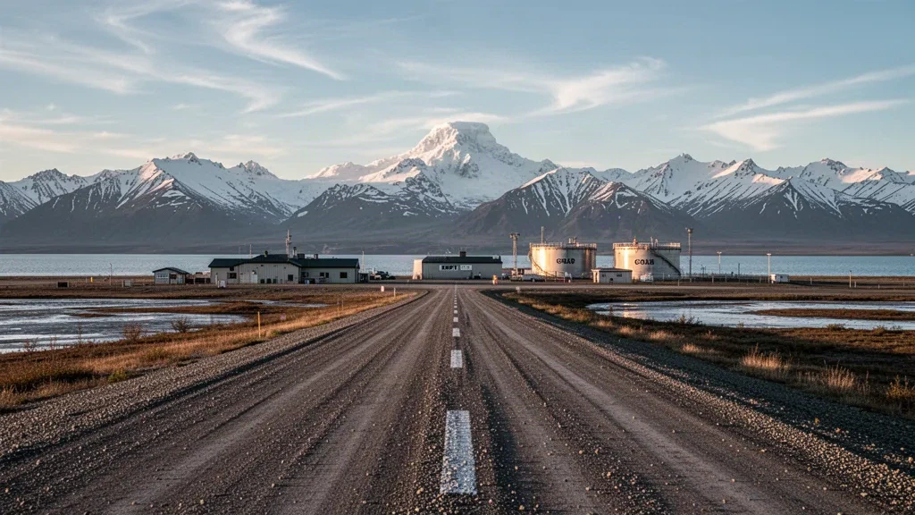 Alaska'daki Drift River Havalimanı'nda uzak bir çakıl pist ve faydacı binalar; altın saat ışığında Cook Inlet ve karla kaplı dağlar.