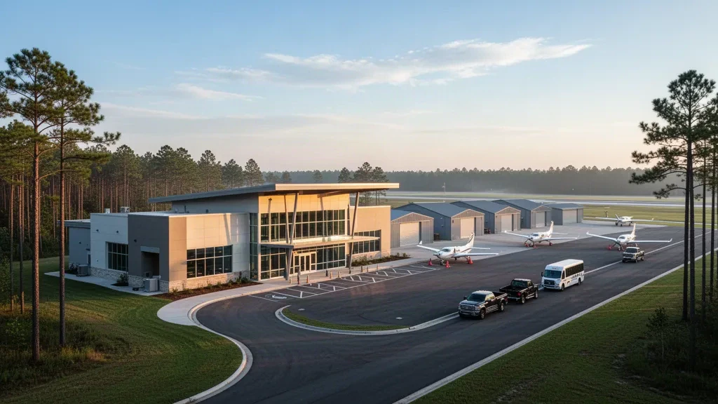 Terminal de una sola planta, plataforma de aeronaves y campo de aviación rodeado de pinos en el Aeropuerto Regional de Beauregard en DeRidder, Luisiana, a la hora dorada