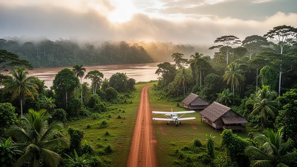 Abgelegene Drietabbetje-Landepiste im Regenwald von Suriname mit einem kleinen Leichtflugzeug neben Dschungel und dem Tapanahoni-Fluss zur goldenen Stunde