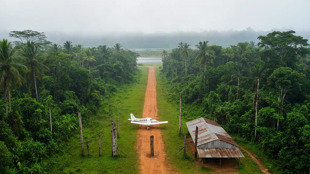 Avion léger stationné sur la piste en herbe de l'aéroport de Drietabbetje, une piste d'atterrissage isolée entourée d'une dense forêt tropicale du Suriname
