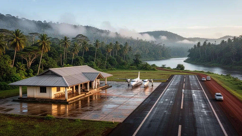 Aeródromo regional tropical que sirve a Dabra en Papúa, con una sola pista, pequeñas aeronaves turbohélice y colinas de selva tropical al amanecer