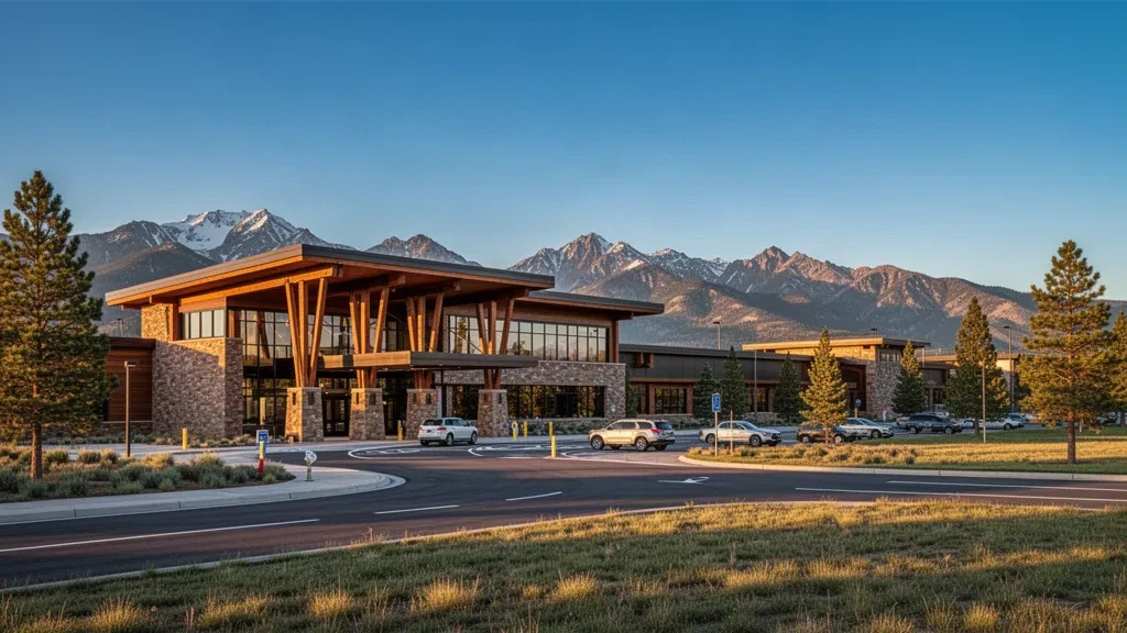 Exterior moderno de la terminal del aeropuerto de Durango-La Plata County en Colorado con vistas a las montañas y un carril de descenso a la hora dorada.