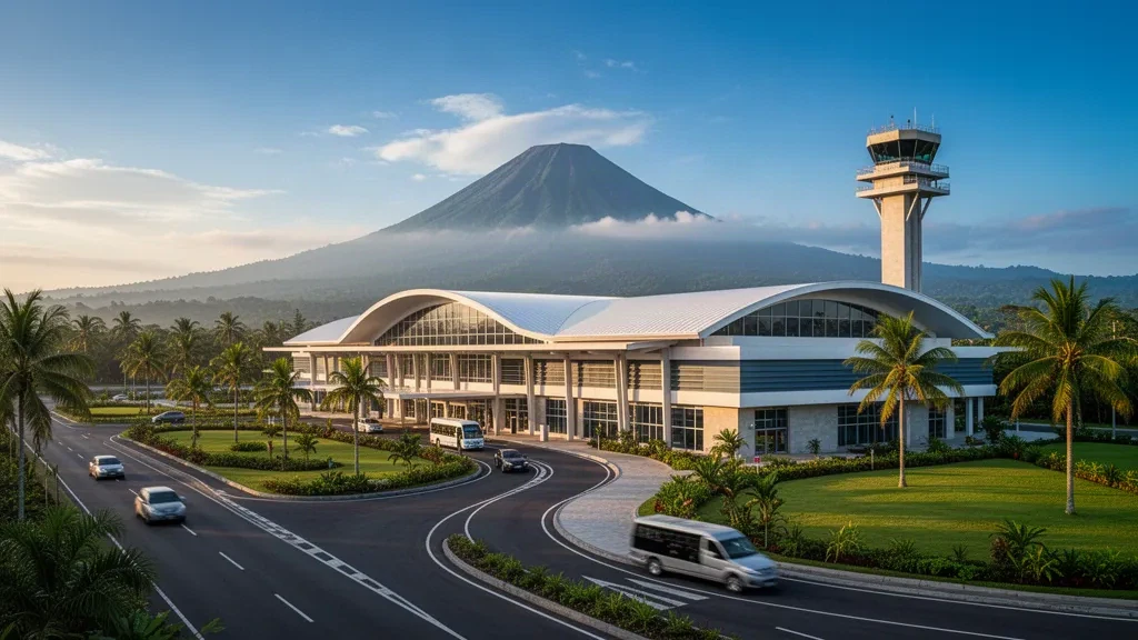 Daraga, Albay'daki Bicol Uluslararası Havalimanı'nda altın saatlerde arkasında yükselen Mayon Yanardağı ile modern kavisli çatılı terminal dış görünümü