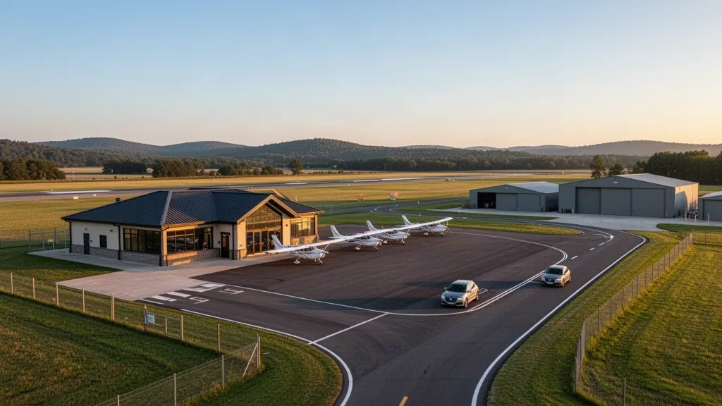Blick zur goldenen Stunde auf das kompakte Terminal des Drummond Airport, abgestellte Leichtflugzeuge und eine offene Startbahn, eingerahmt von weiter Landschaft.