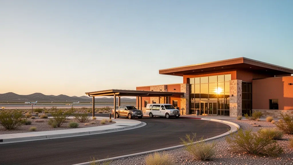 Exterior de la terminal moderna de poca altura en el Aeropuerto Internacional de Del Rio en Texas con paisaje desértico y luz de hora dorada